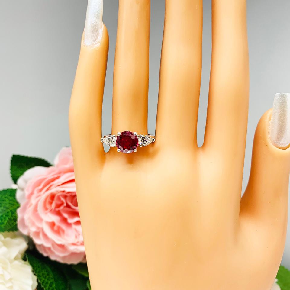 Lab Created Ruby 8mm Round Ring Pear CZ Accents Sterling Silver