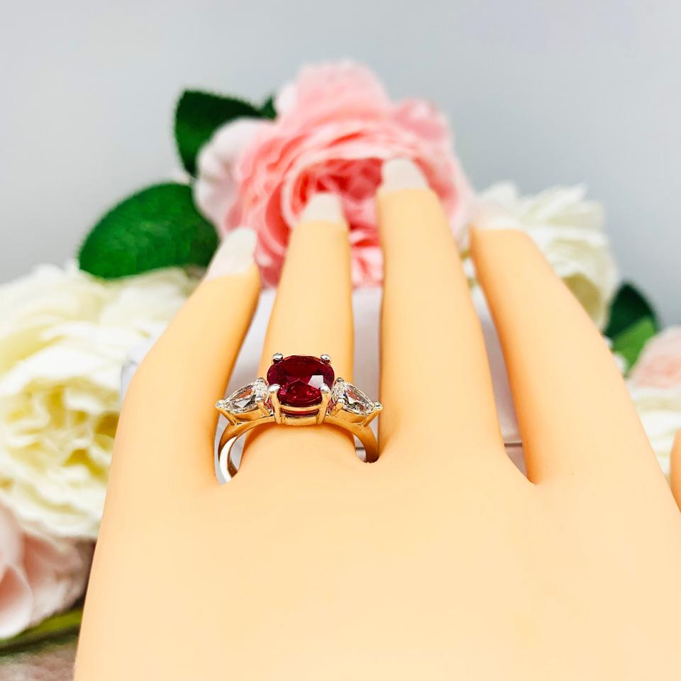 Lab Created Ruby 8mm Round Ring Pear CZ Accents Sterling Silver
