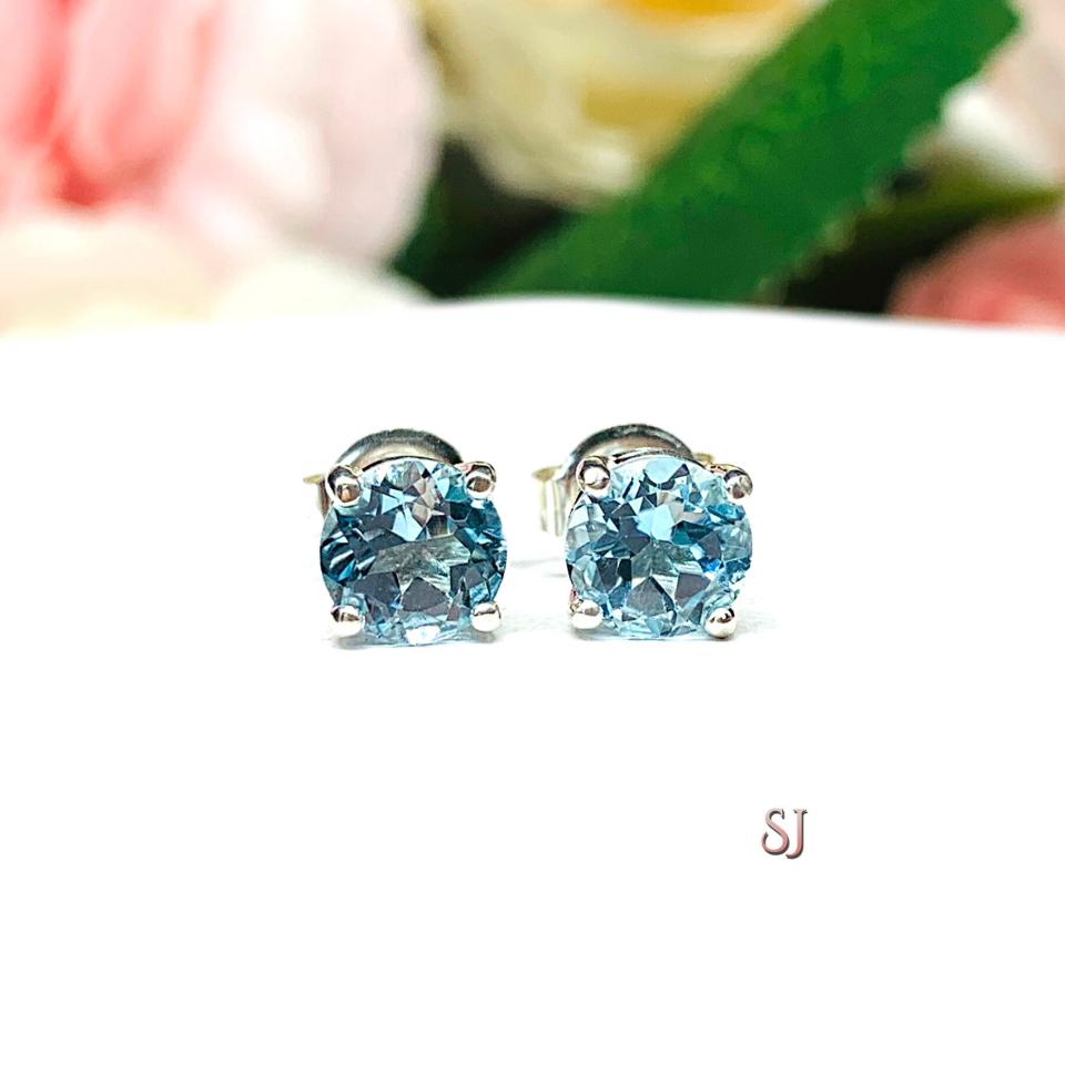 Round Genuine Sky Blue Topaz March Birthstone Alternative Basket Stud Earrings