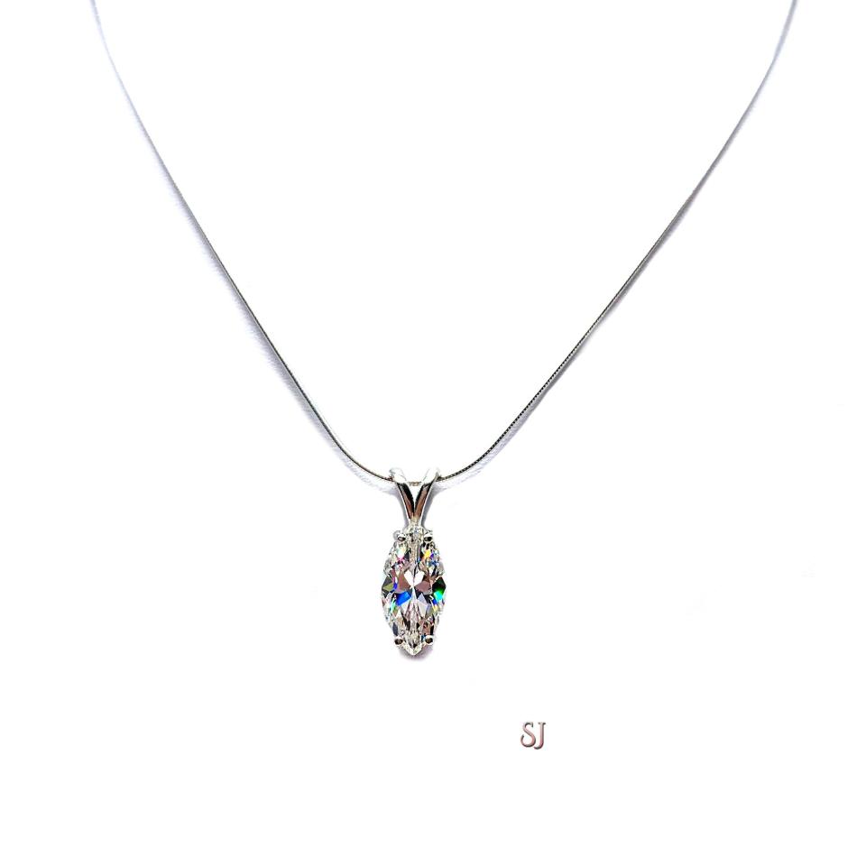 Marquise CZ Pendant 3 Carat Necklace Near Colorless Cubic Zirconia 14x7mm Sterling Silver Necklace