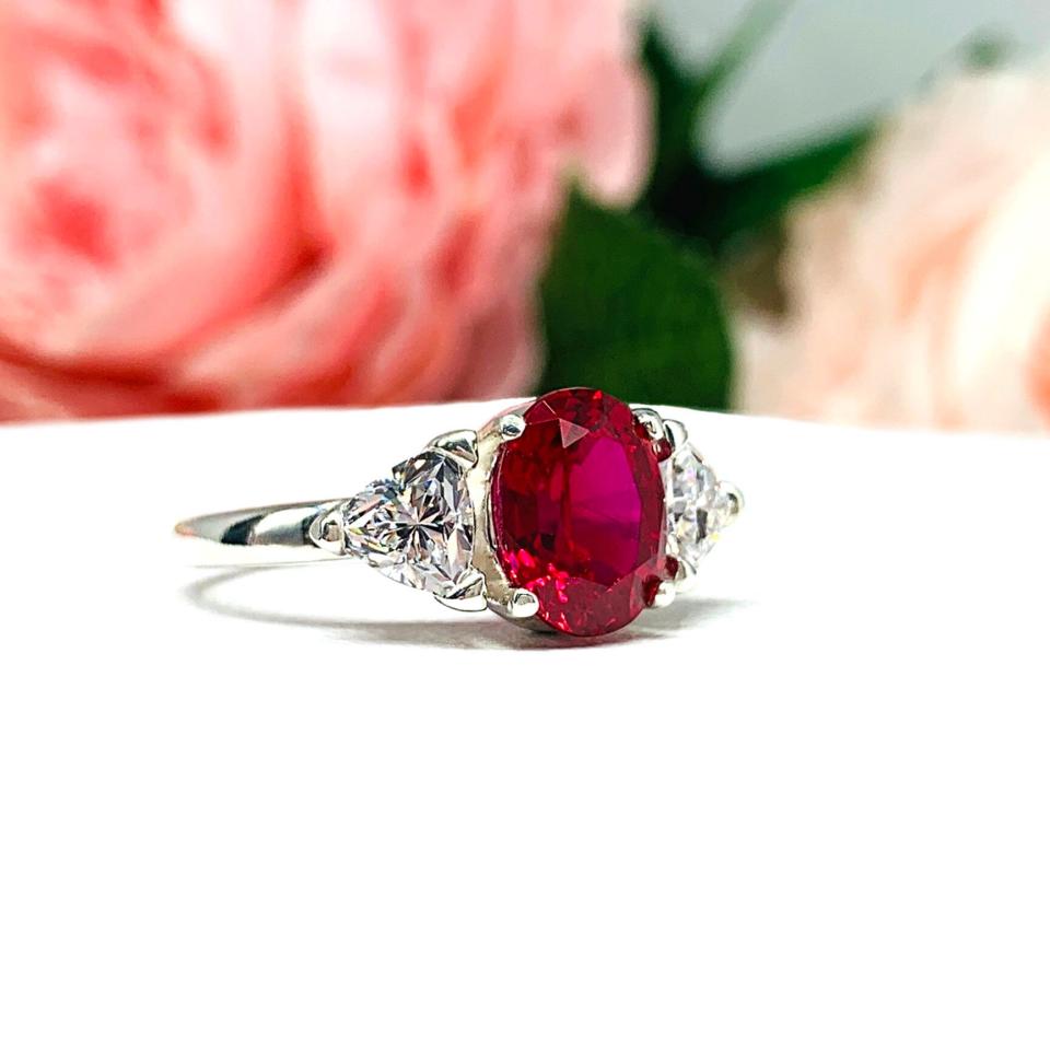 Lab Created Ruby Oval CZ Trillion Ring Lower Profile Sterling Silver