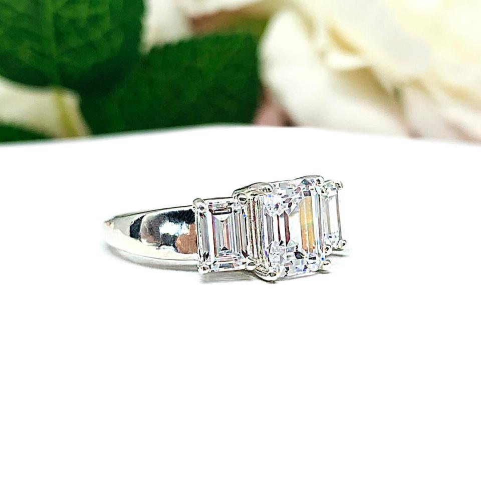 Emerald Cut CZ Three Stone Engagement Ring