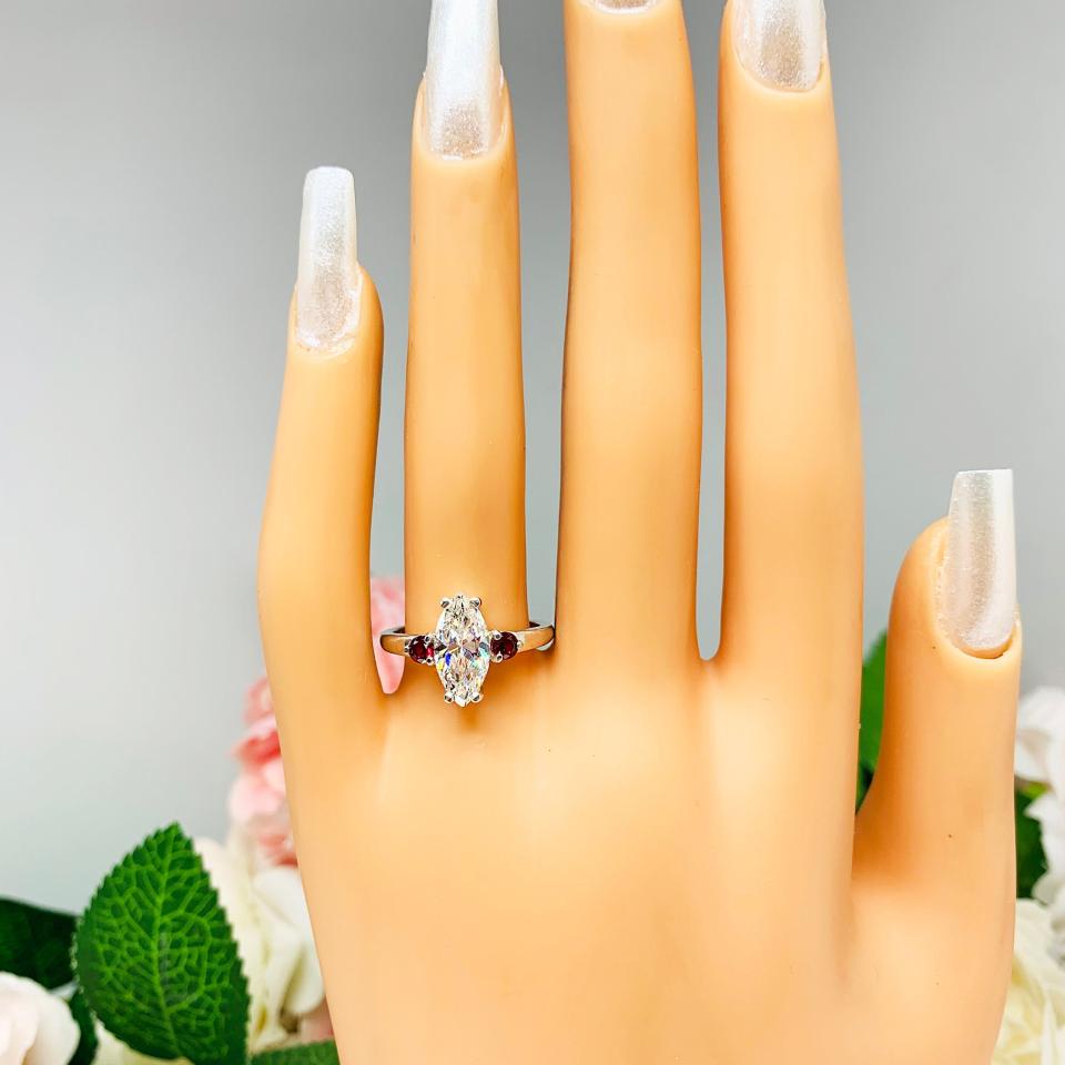 Marquise CZ Lab Created Round Ruby Engagement Ring Sterling Silver