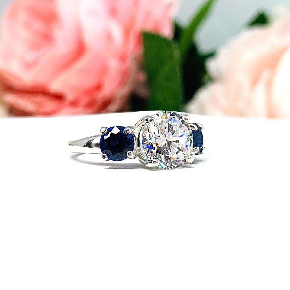 Round CZ Lab Blue Sapphire 3 Stone Engagement Ring Tulip Design