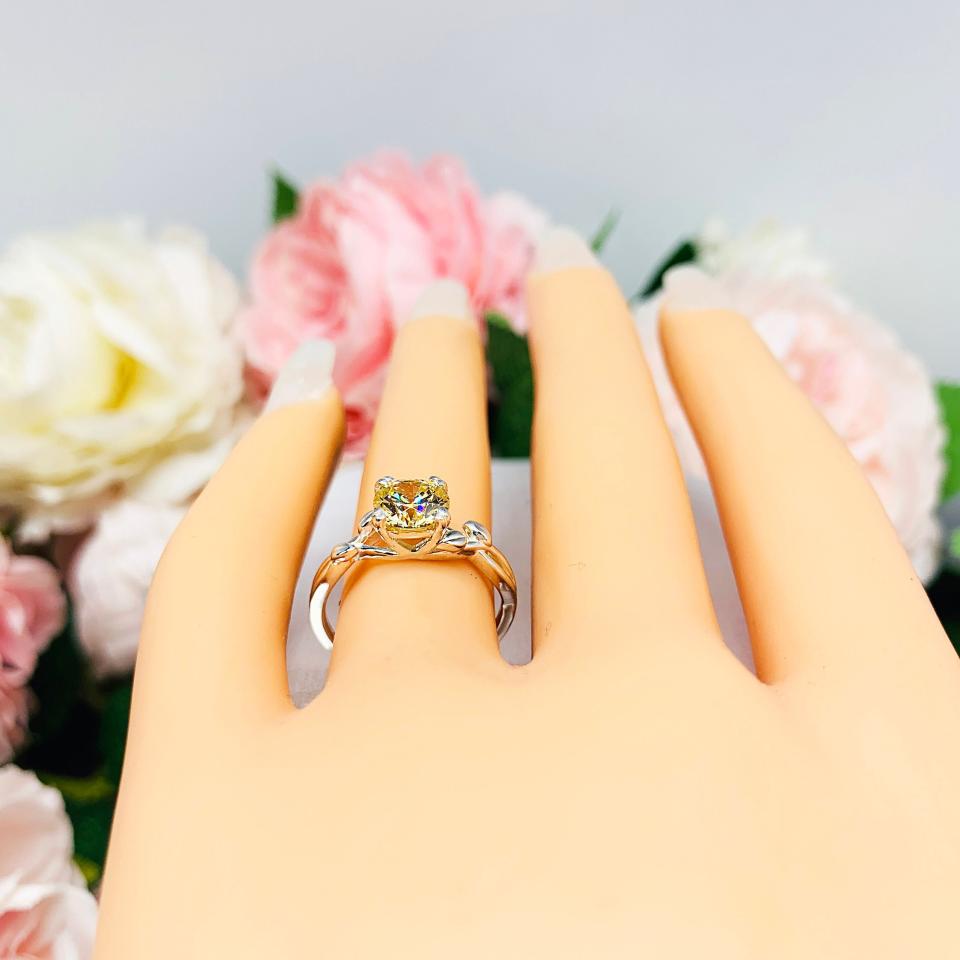 Round Light Yellow Cubic Zirconia Leaf Design Engagement Ring SIZE 6.5 FINAL SALE