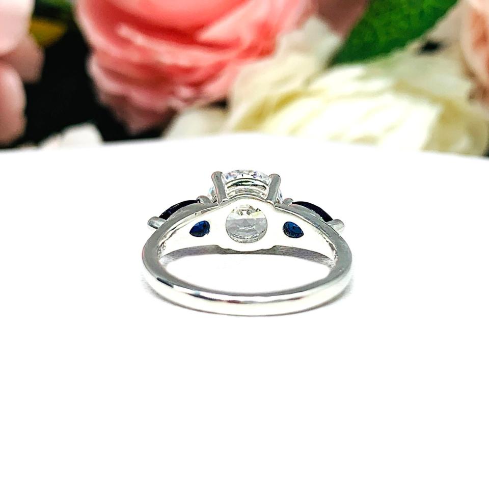 Round CZ Lab Blue Sapphire Pear 3 Stone Engagement Ring