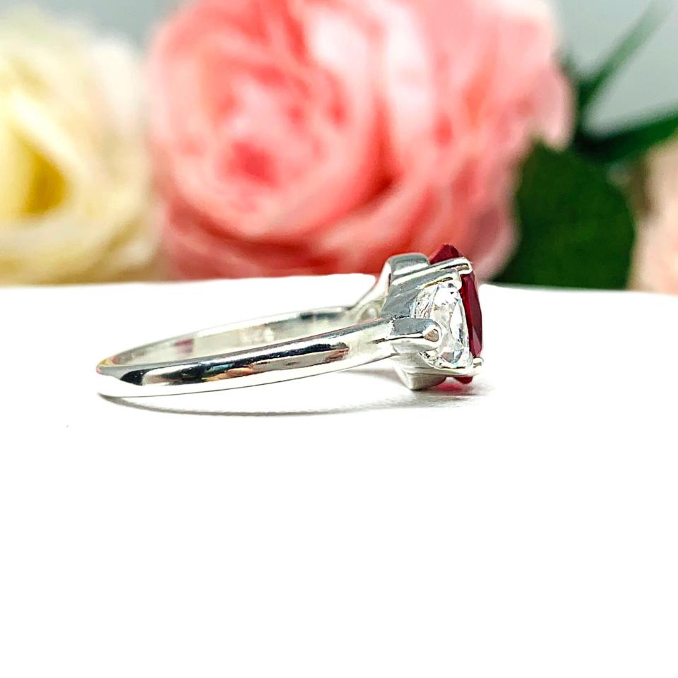 Lab Created Ruby Oval CZ Trillion Ring Lower Profile Sterling Silver
