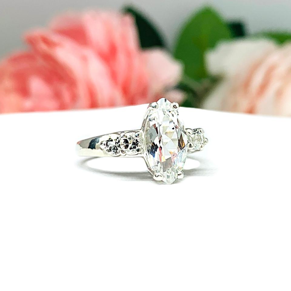 White Topaz Marquise Sterling Silver Ring Natural 12x6mm Round Accents Size 7 CLEARANCE