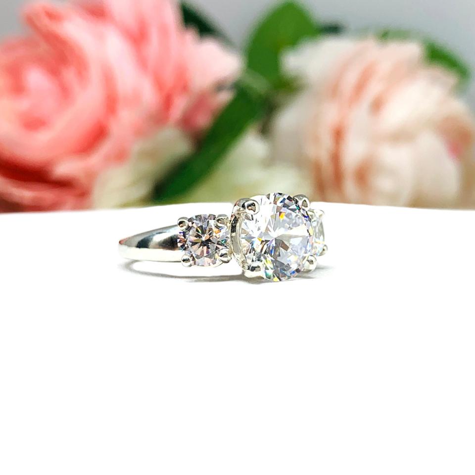 Round Cubic Zirconia Three Stone Tulip Engagement Ring