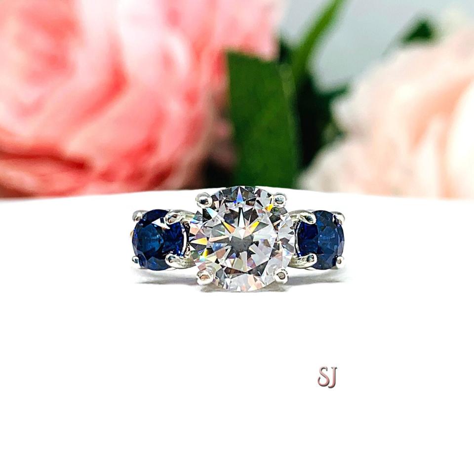 Round CZ Lab Blue Sapphire 3 Stone Engagement Ring Tulip Design