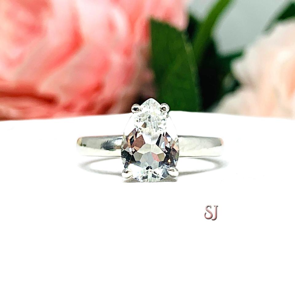 Natural White Topaz Pear Wide Band Engagement Ring Size 7 CLEARANCE