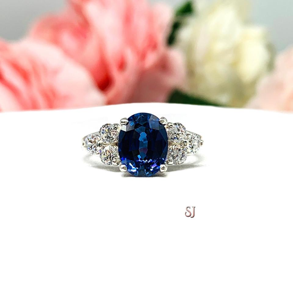 Lab Blue Sapphire Oval Ring Round CZ Accented Sterling Silver