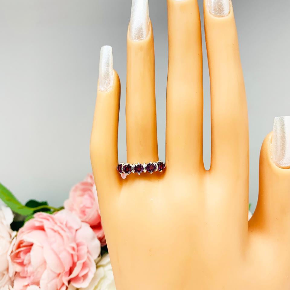 Natural Garnet Five Stone Ring January Birthstone Sterling Silver 4mm Round Wine Color SIZE 7 FINAL SALE