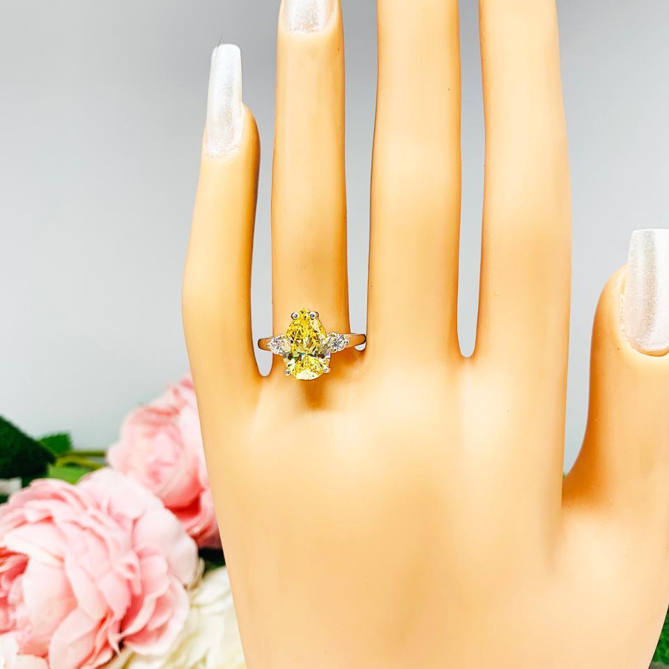 Canary Pear CZ Round Accents Engagement Ring