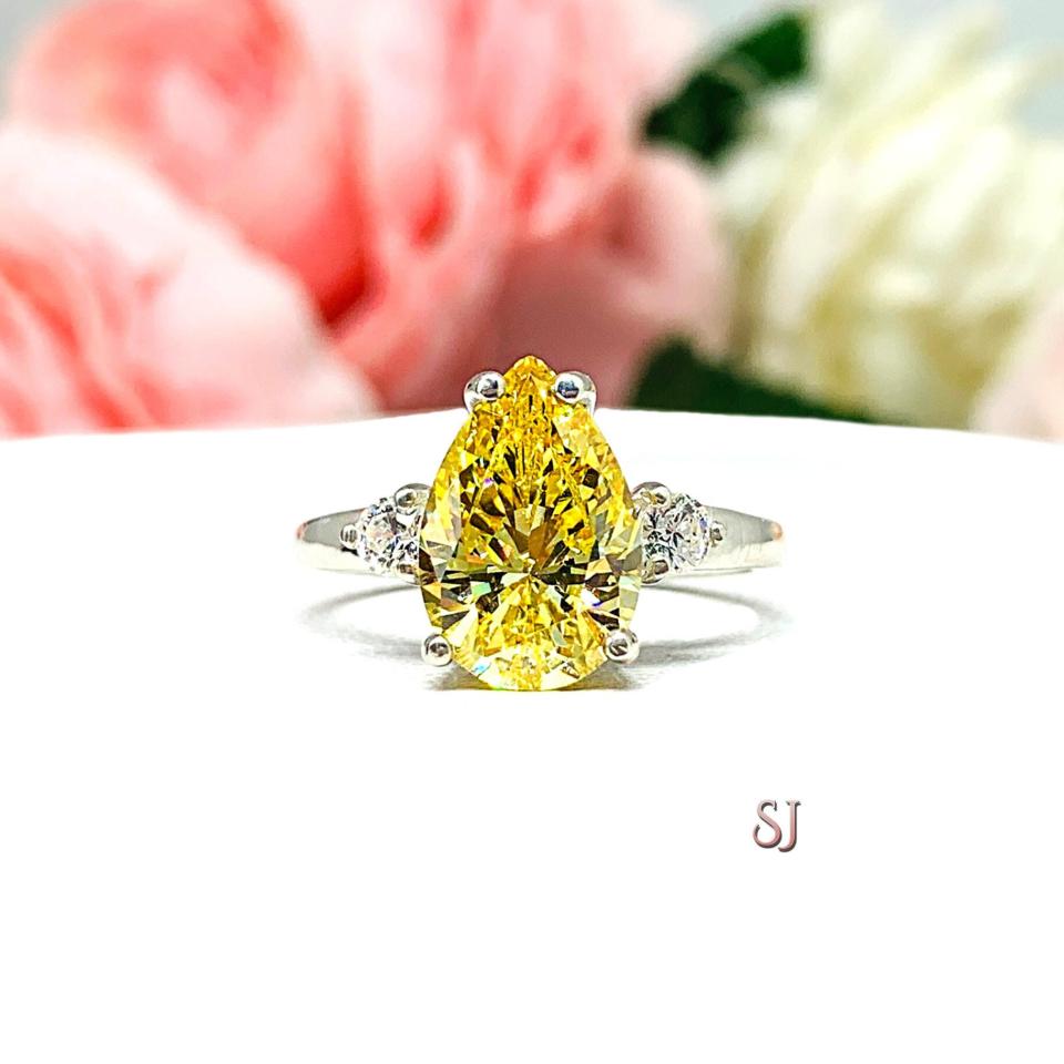 Canary Pear CZ Round Accents Engagement Ring