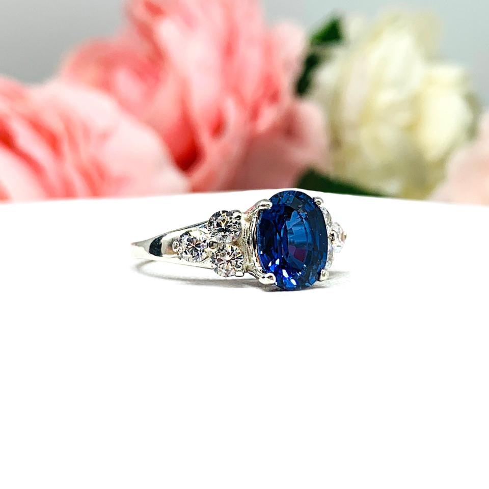 Lab Blue Sapphire Oval Ring Round CZ Accented Sterling Silver