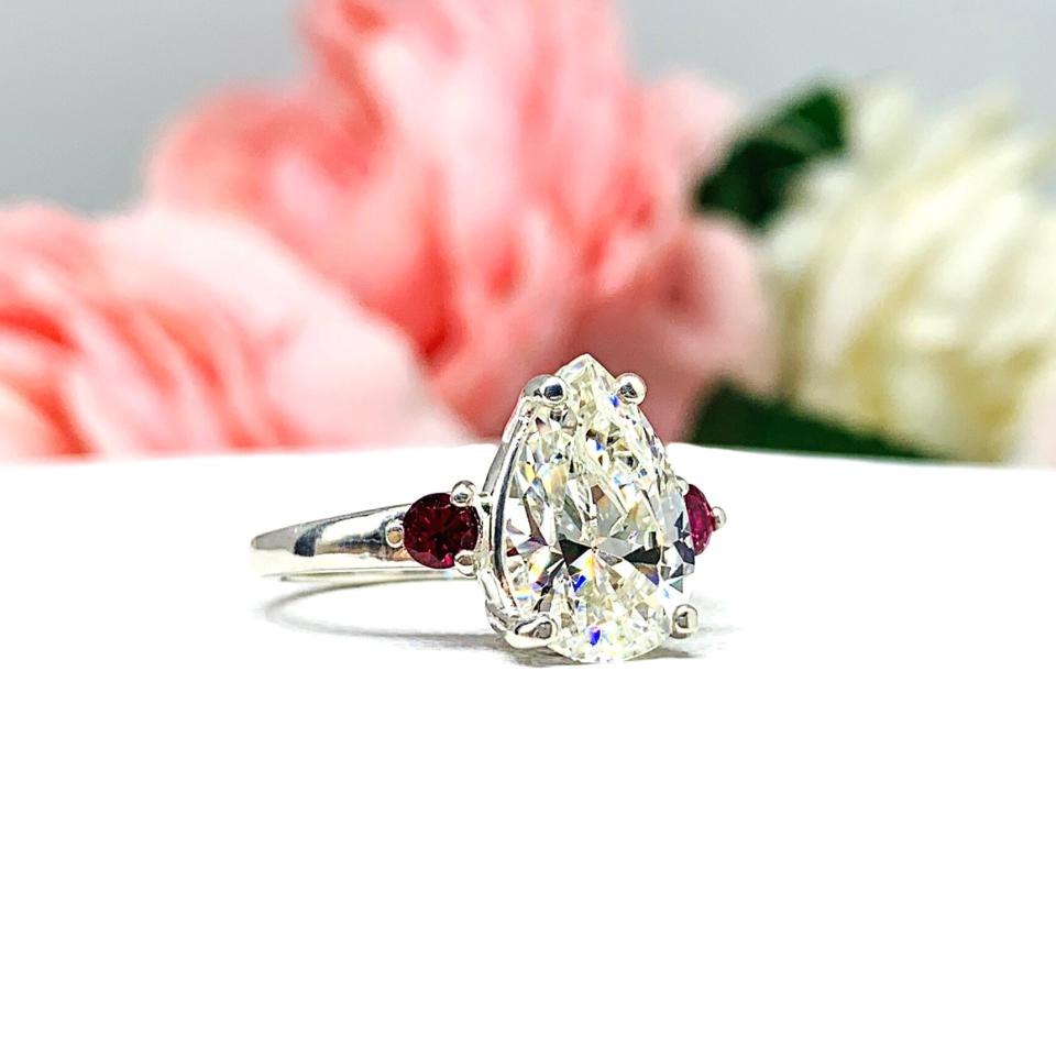 Pear Near Colorless Cubic Zirconia Lab Ruby Accents Engagement Ring