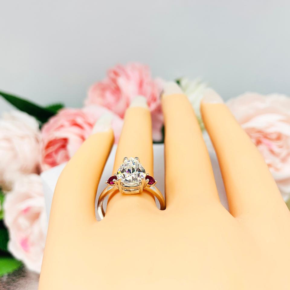 Pear Near Colorless Cubic Zirconia Lab Ruby Accents Engagement Ring