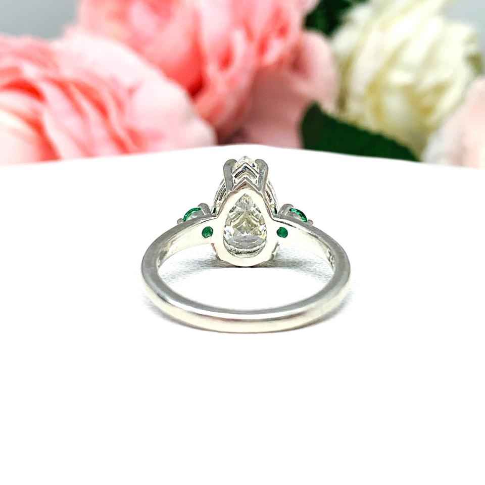 Pear Near Colorless Cubic Zirconia Lab Emerald Accents Engagement Ring
