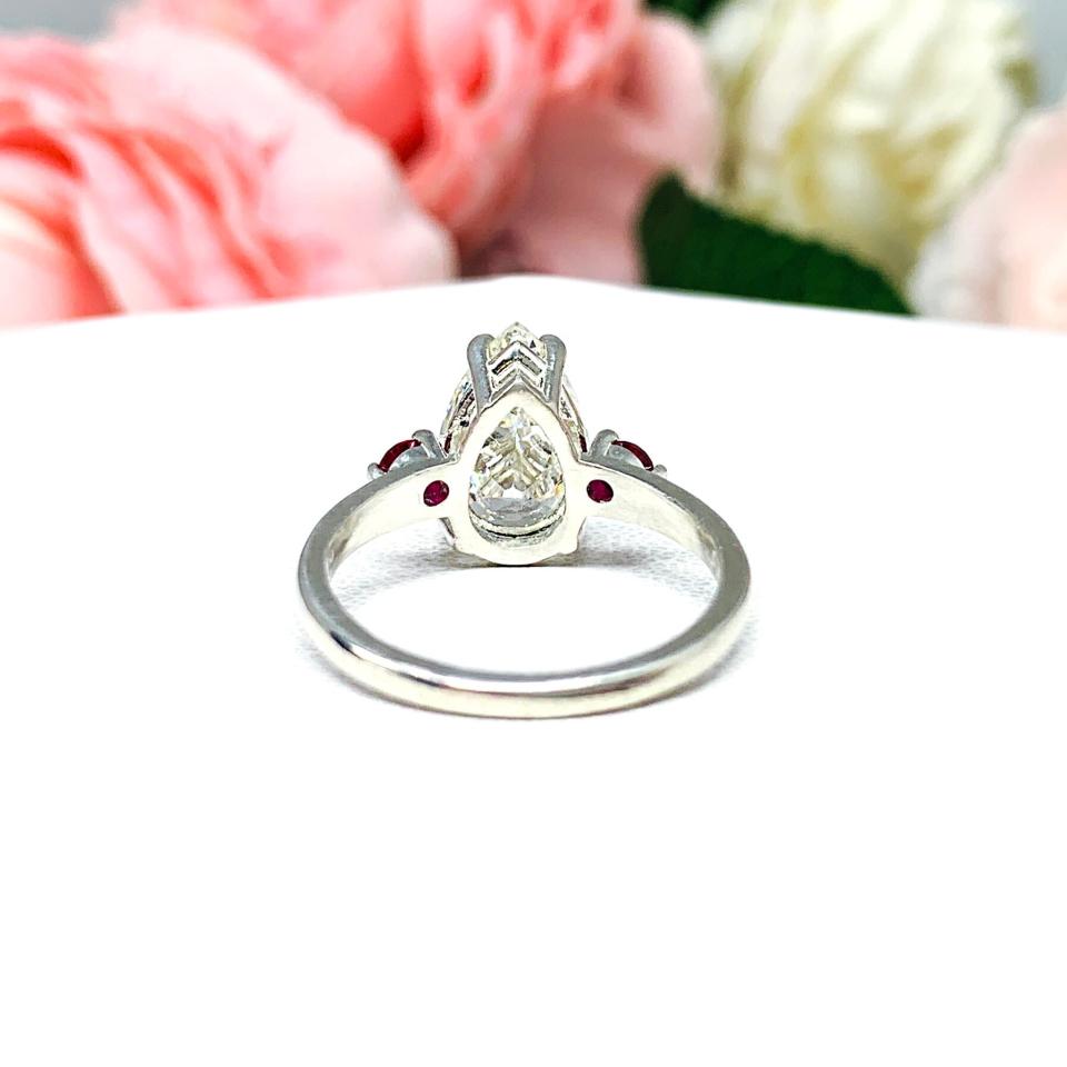 Pear Near Colorless Cubic Zirconia Lab Ruby Accents Engagement Ring