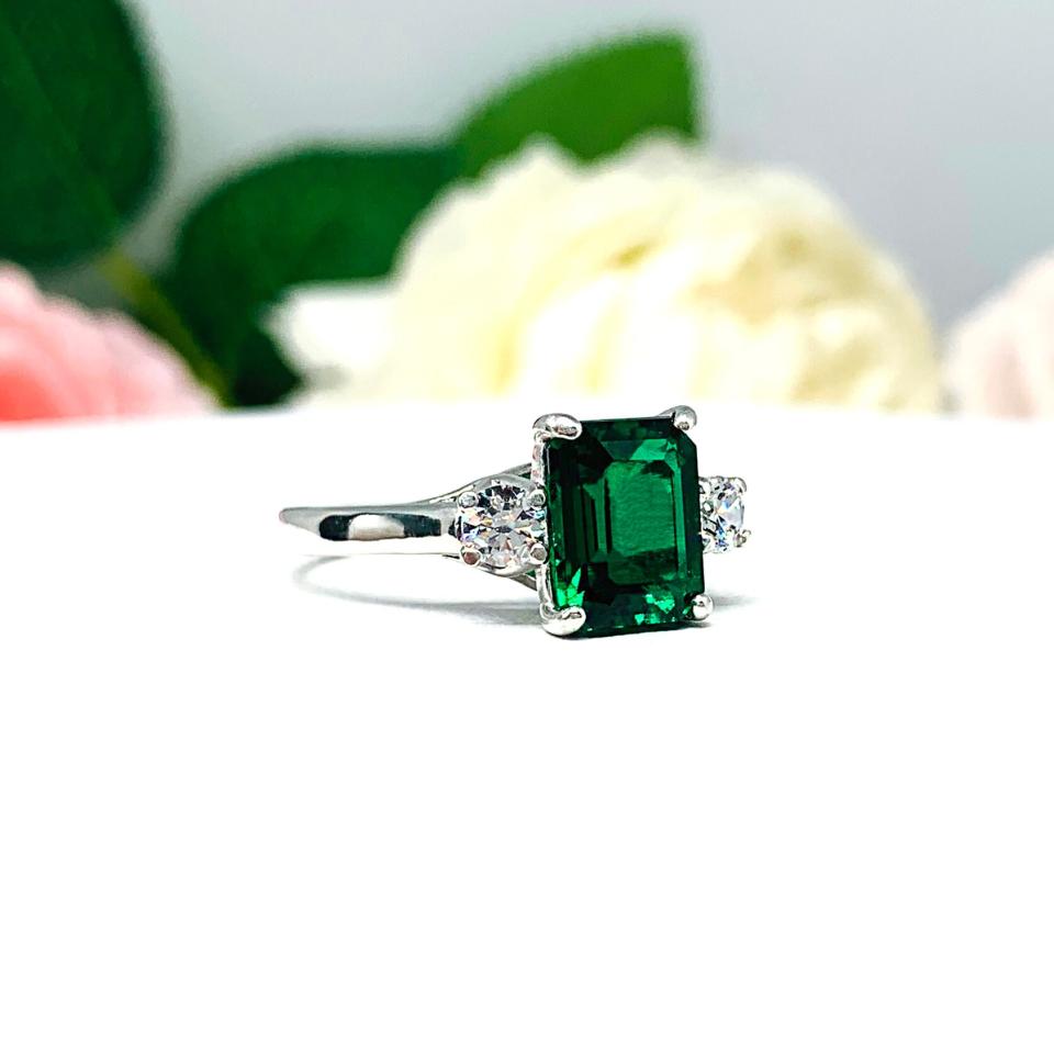 Lab Created Emerald CZ Accents Ring - 9x7mm Emerald Cut - Sterling Silver