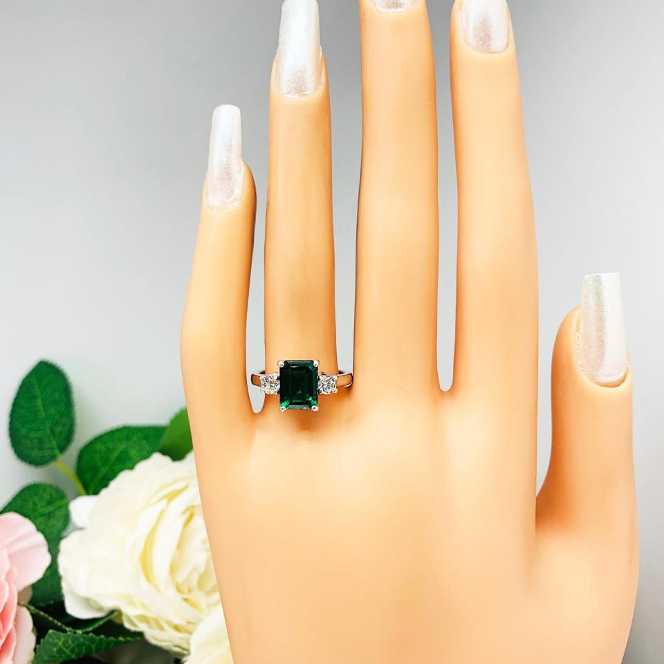 Lab Created Emerald CZ Accents Ring - 9x7mm Emerald Cut - Sterling Silver