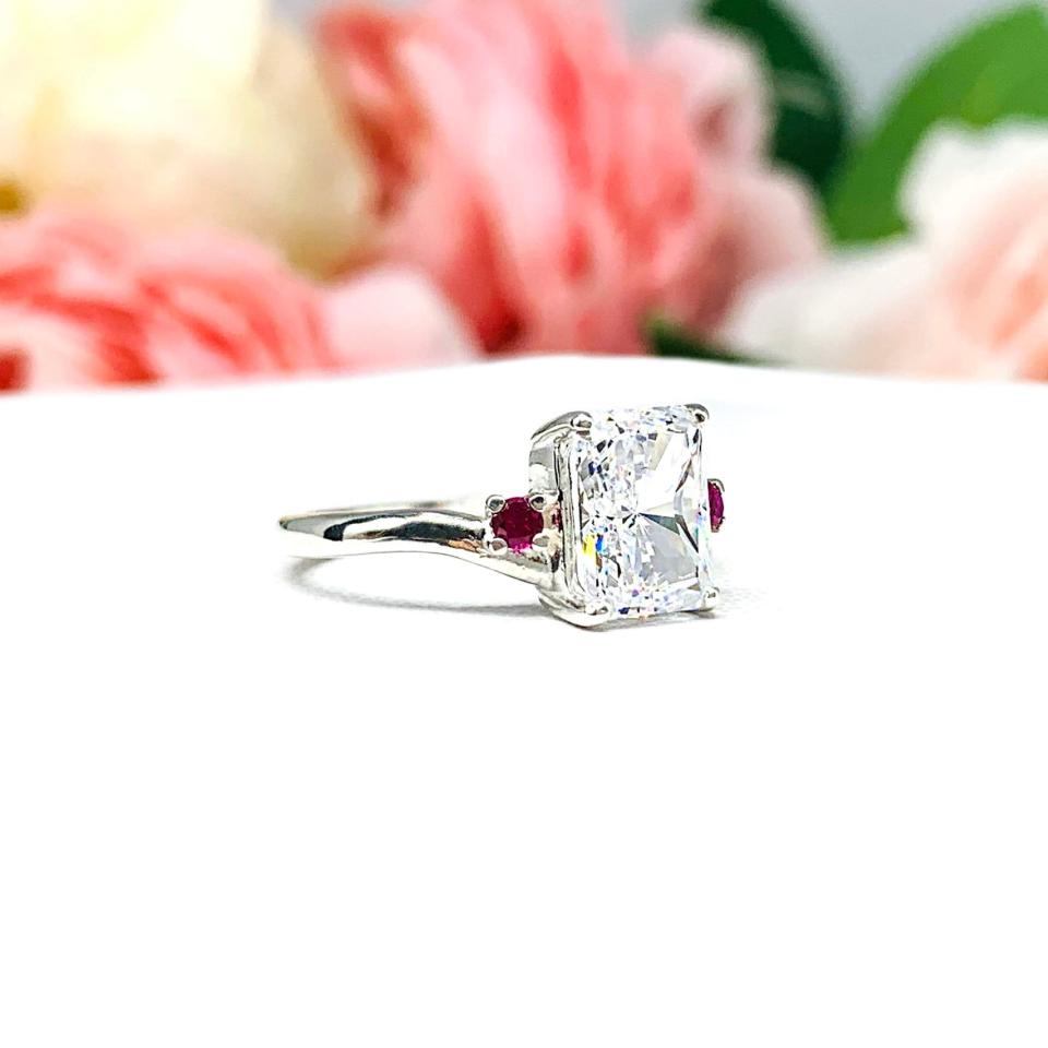 Radiant Cubic Zirconia Lab Ruby Sapphire or Emerald Accents Engagement Ring
