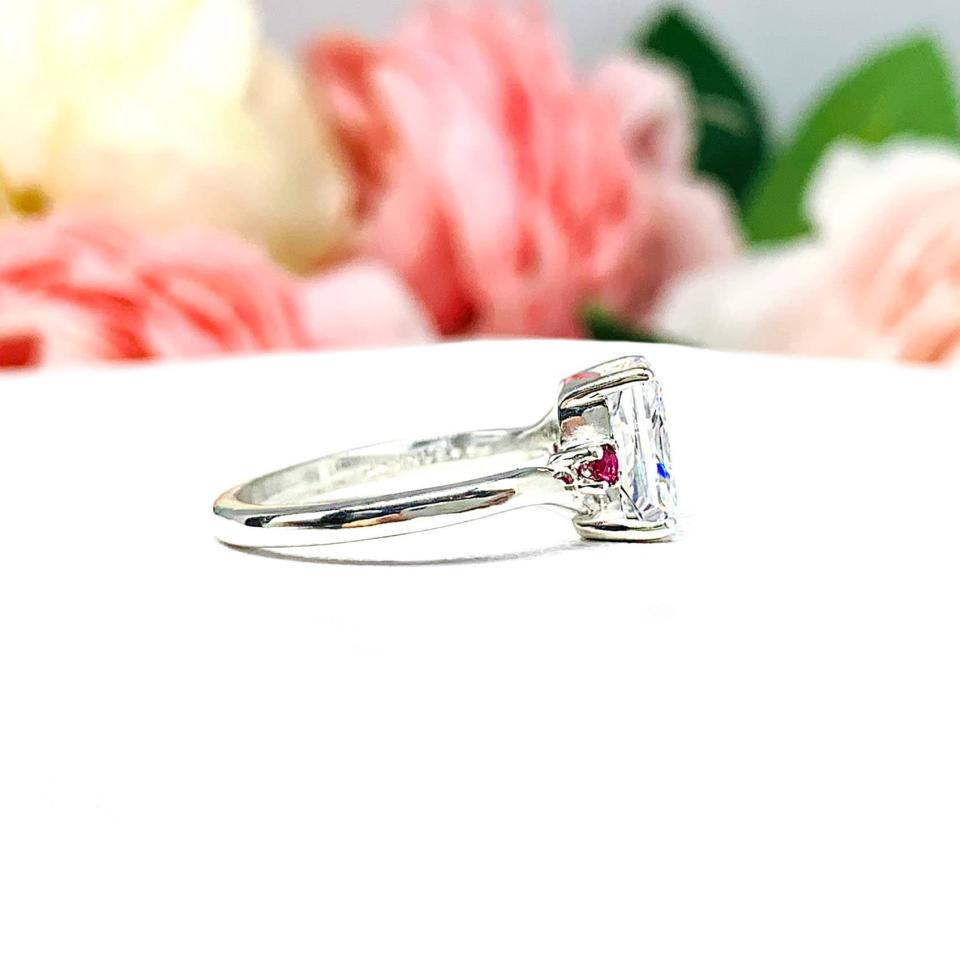 Radiant Cubic Zirconia Lab Ruby Sapphire or Emerald Accents Engagement Ring