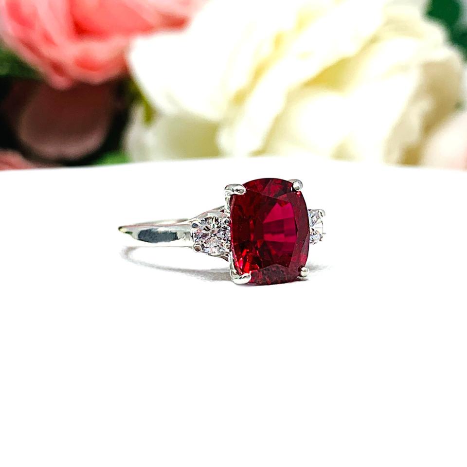 Lab Created Ruby Elongated Cushion Cut Ring Round CZ Accents Sterling Silver