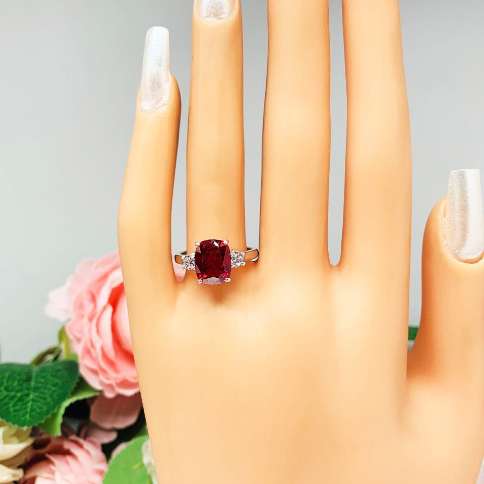 Lab Created Ruby Elongated Cushion Cut Ring Round CZ Accents Sterling Silver