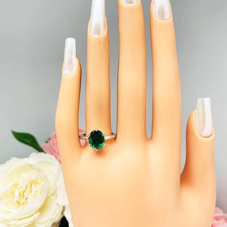 Lab Created Emerald Oval 6 Prong Ring - Sterling Silver