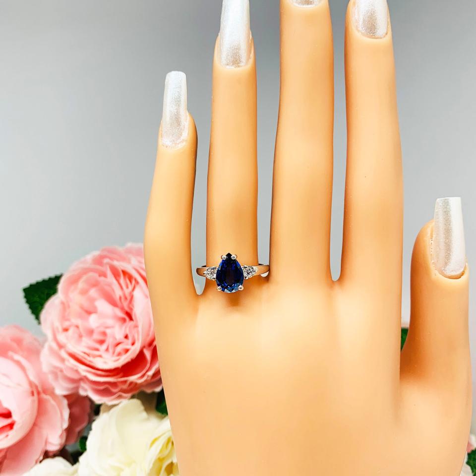 Lab Blue Sapphire Pear CZ Sterling Silver Ring