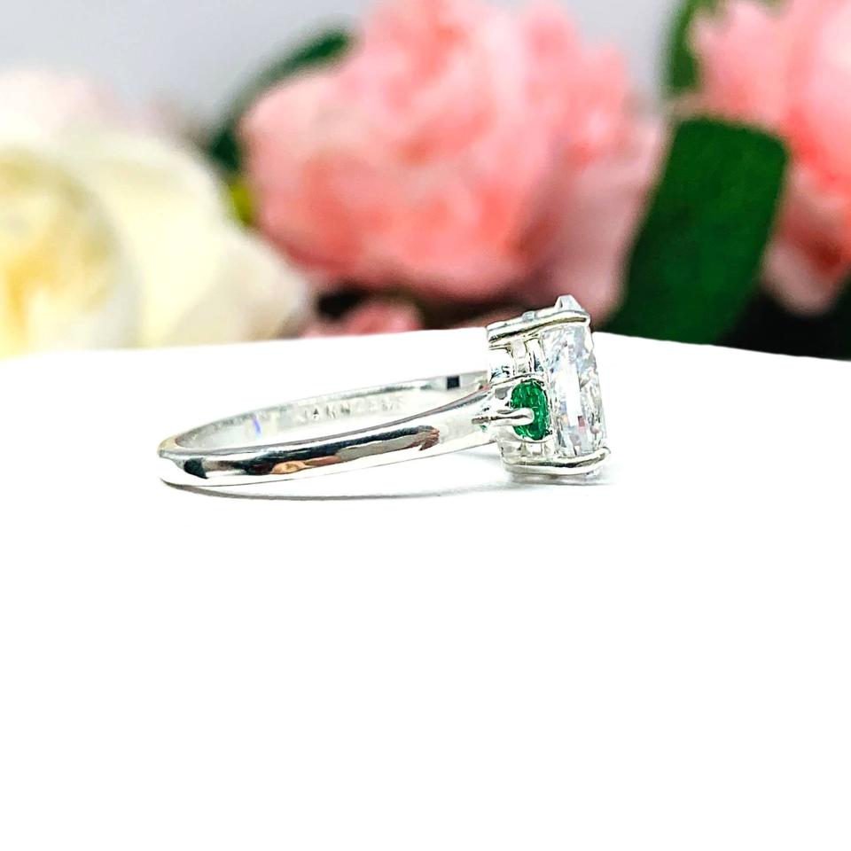 Pear CZ Lab Emerald Accents Engagement Ring