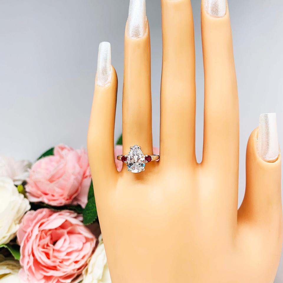Pear CZ Lab Created Round Ruby Accents Engagement Ring