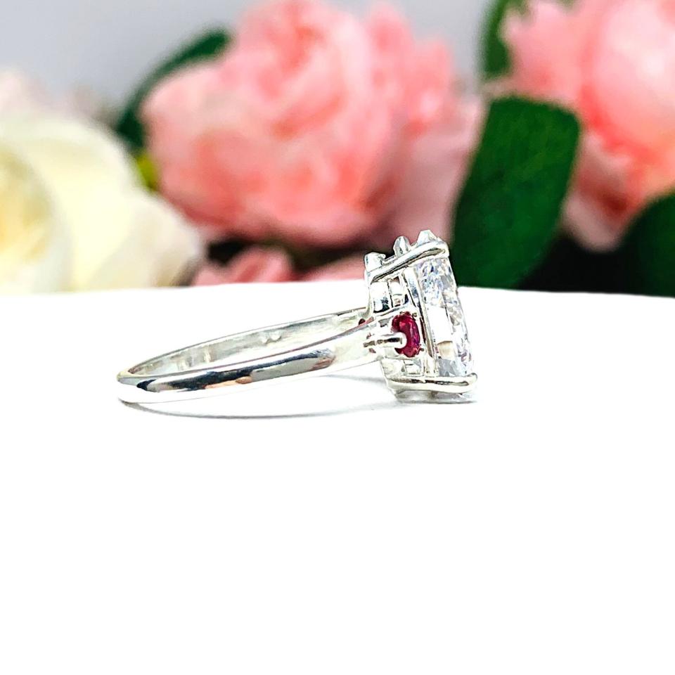Pear CZ Lab Created Round Ruby Accents Engagement Ring