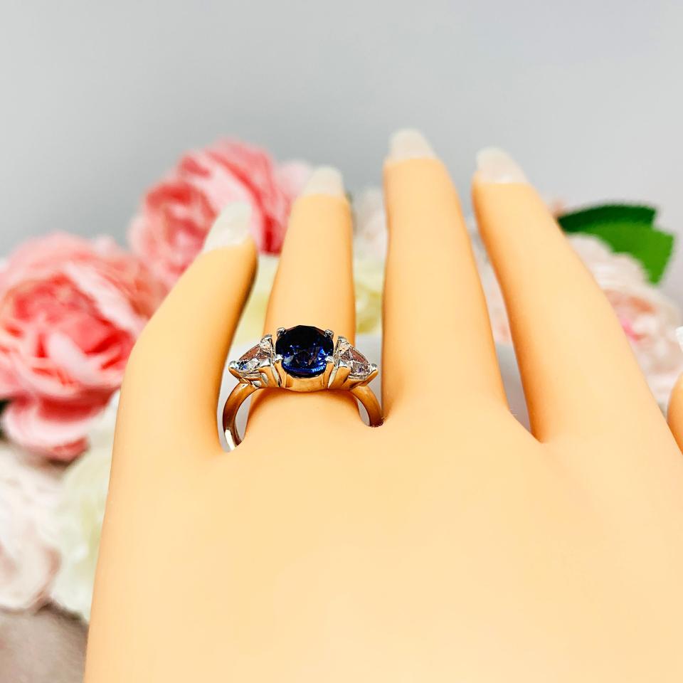 Lab Blue Sapphire Oval Trillion CZ Ring Low Profile Sterling Silver