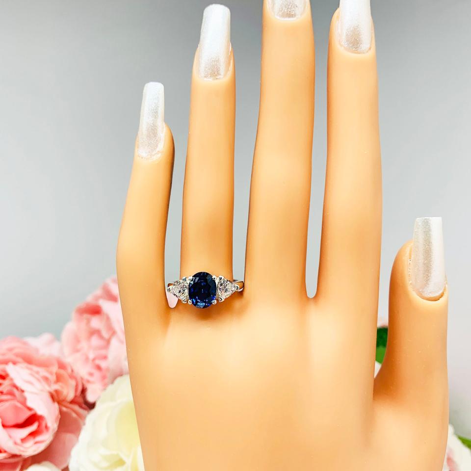 Lab Blue Sapphire Oval Trillion CZ Ring Low Profile Sterling Silver