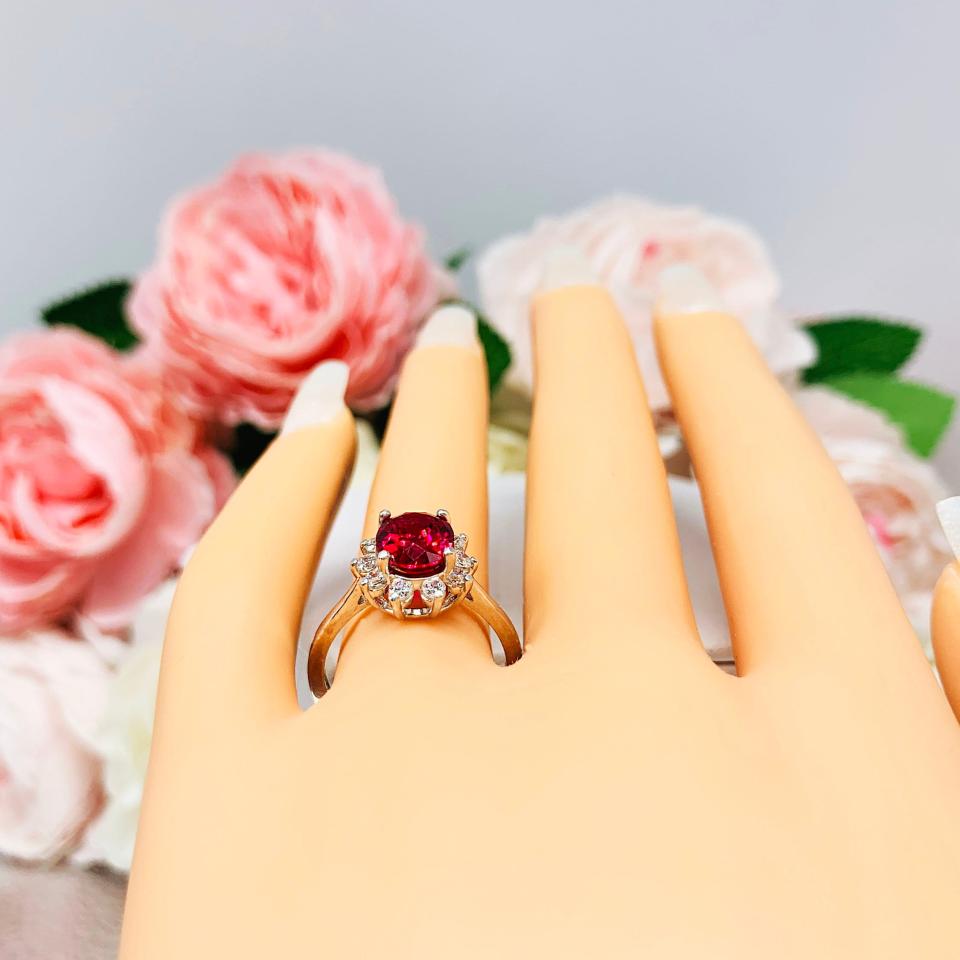 Lab Ruby 9x7mm Oval CZ Halo Sterling Silver Ring Size 7