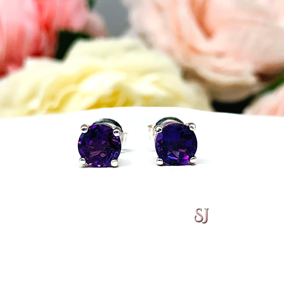 Round Natural African Amethyst February Birthstone Stud Earrings