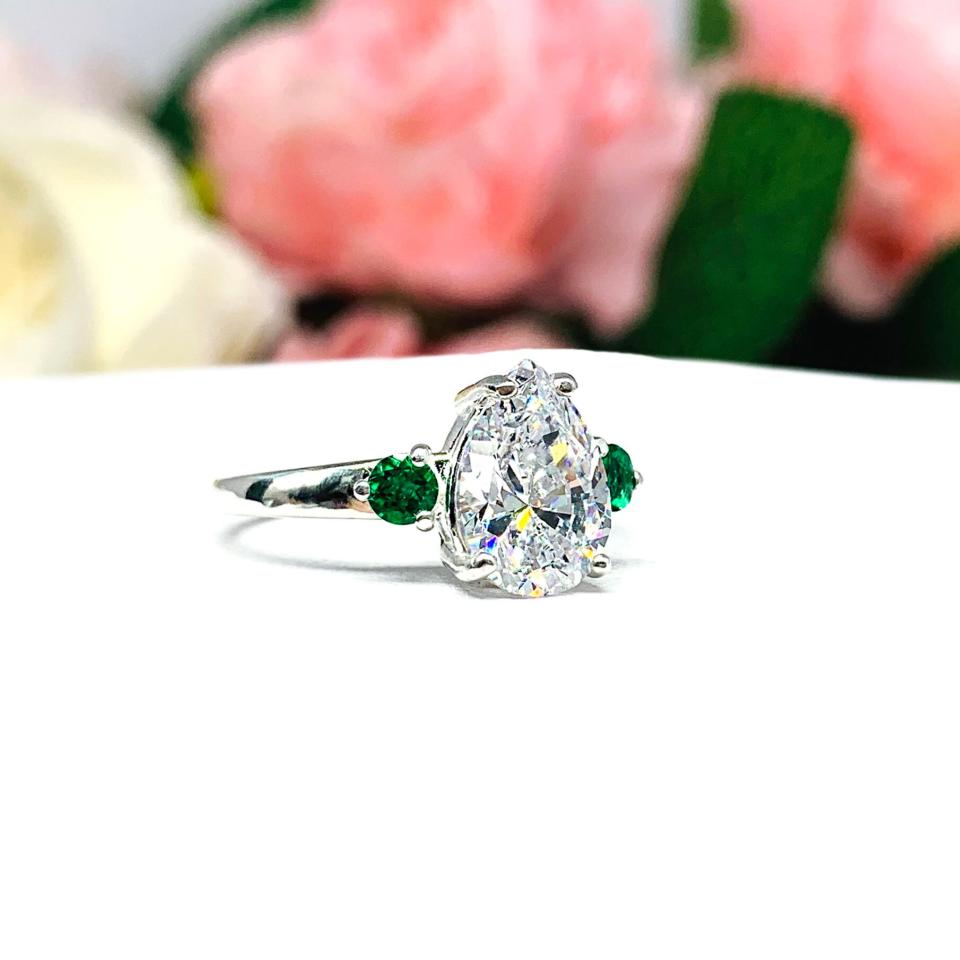 Pear CZ Lab Emerald Accents Engagement Ring