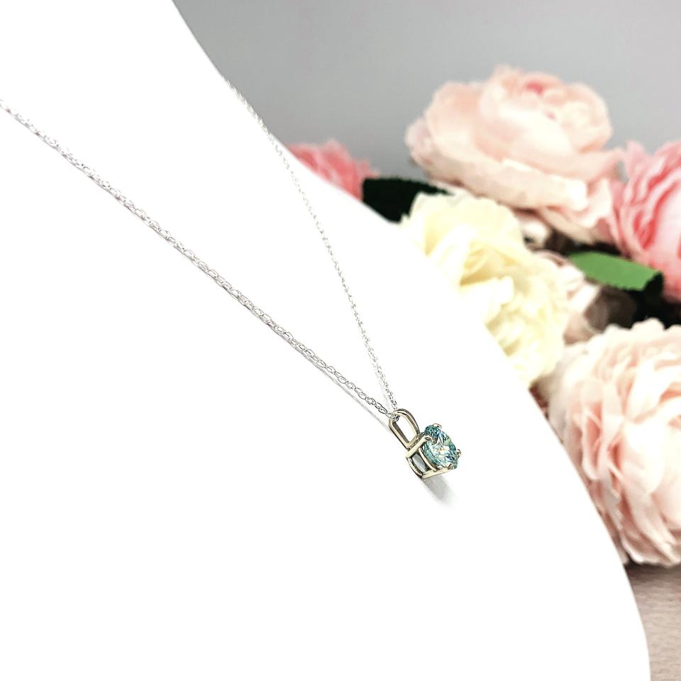 Round Blue Moissanite Pendant – 8mm, 14k White Gold