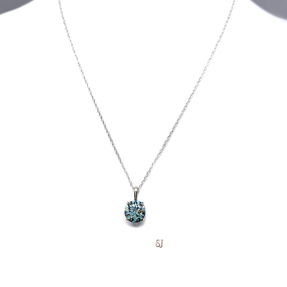 Round Blue Moissanite Pendant – 8mm, 14k White Gold