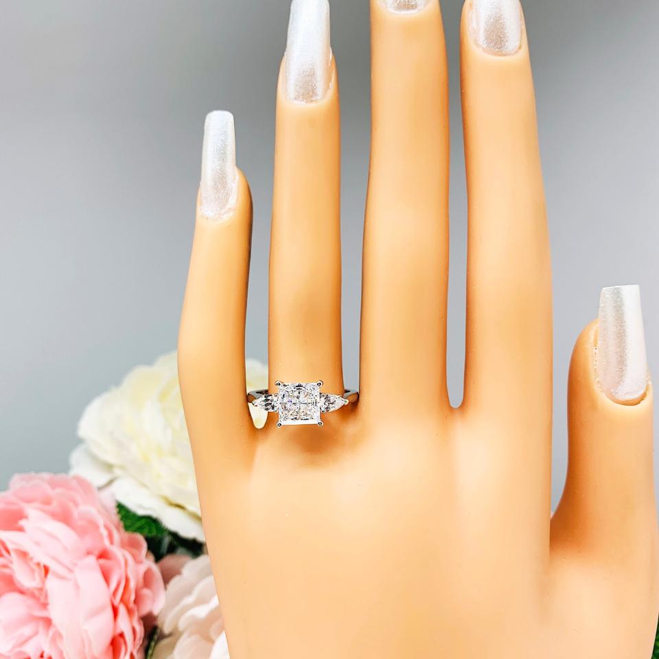 Princess CZ 3-Stone Engagement Ring Size 8 – 7mm, Pear Side Stones, Sterling Silver