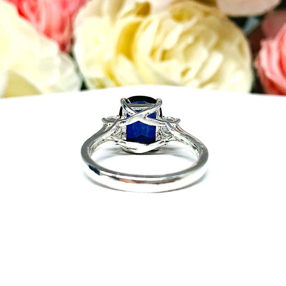 Lab Blue Sapphire Elongated Cushion Cut Ring 10x8mm Round CZ Accents