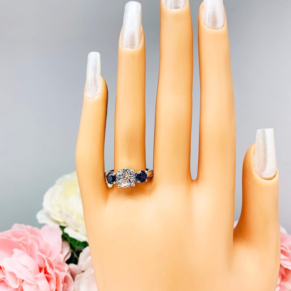 Round CZ Lab Blue Sapphire 3 Stone Engagement Ring