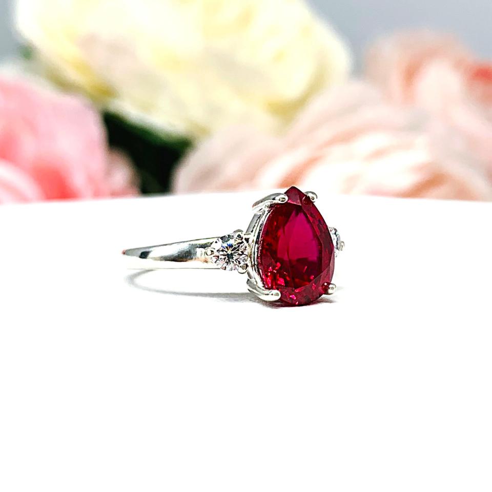 Lab Created Ruby Pear Round CZ Ring Sterling Silver