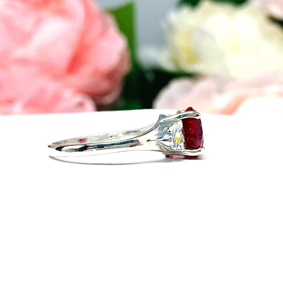 Lab Ruby Round CZ Trillion Sterling Silver Ring