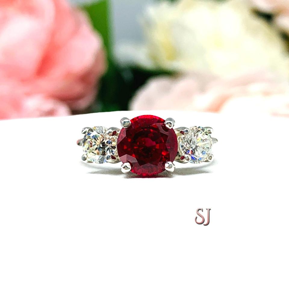 Round Lab Created Ruby CZ 3 Stone Ring Sterling Silver