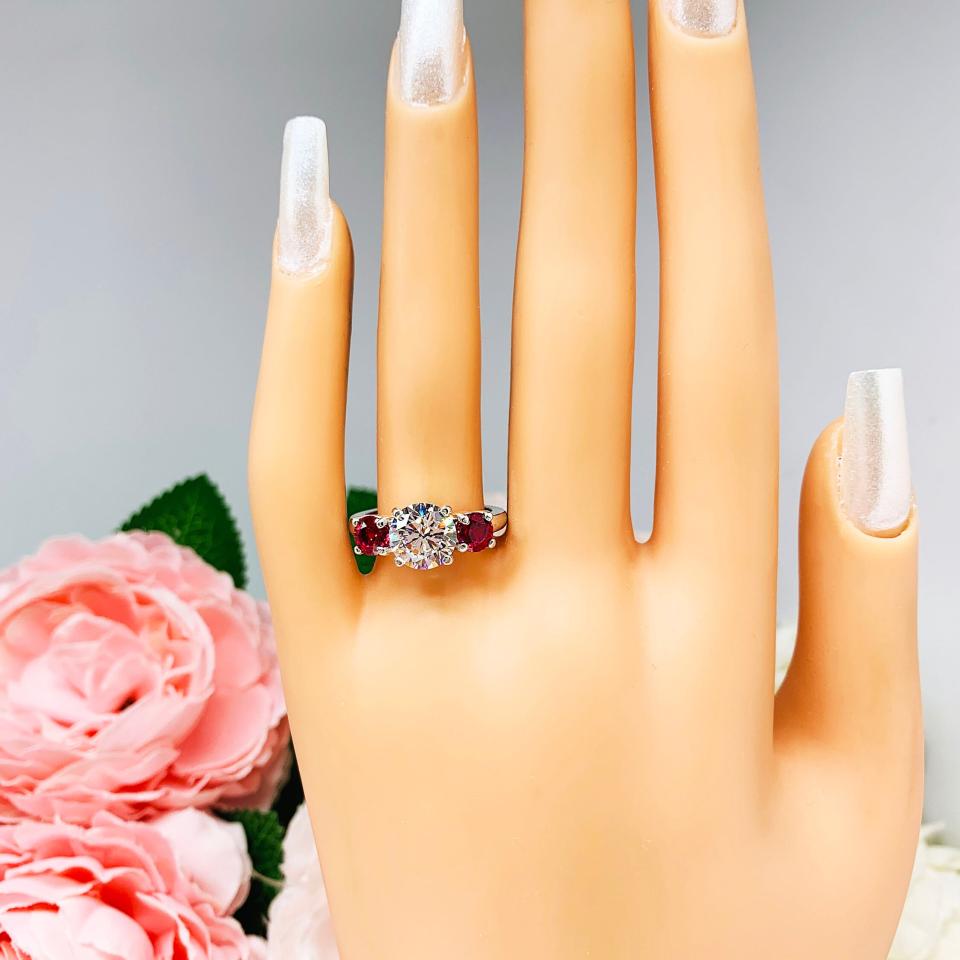 Round CZ Lab Ruby 3 Stone Engagement Ring