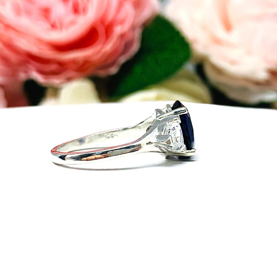Lab Blue Sapphire Oval Trillion CZ Ring Sterling Silver